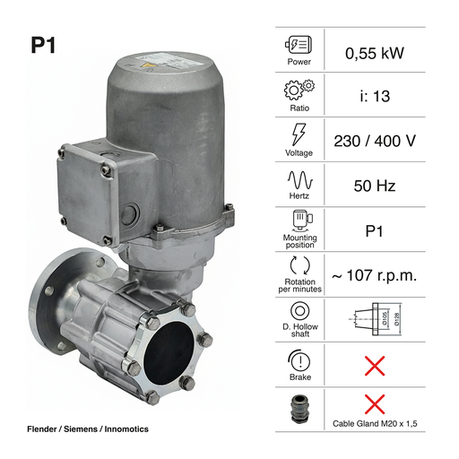 [20200541] MOTORÉDUCTEUR FLENDER 0,55KW I:13 107,7RPM 230-400V 50HZ AVEC AXE