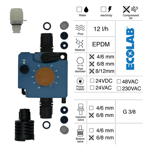 [40100166] PNEUMATISCHE DOSIERPUMPE 12L/H PNEUMATISCHE STEUERUNG EPDM + IMPFSTELLE 6/8 + FUSSVENTIL 6/8