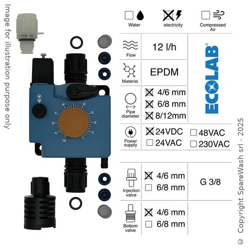 [40100265] BOMBA DOSIFICADORA NEUMÁTICA 12L/H 24VDC EPDM + VÁLVULA DE INYECCIÓN 4/6 + VÁLVULA DE PIE 4/6