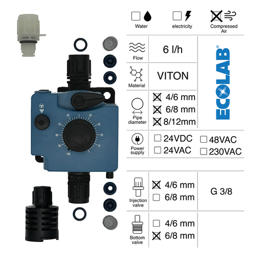 [40100296] POMPA DOSATRICE PNEUMATICA 6L/H COMANDO PNEUMATICO VITON + INIEZIONE 4/6 + FONDO 6/8