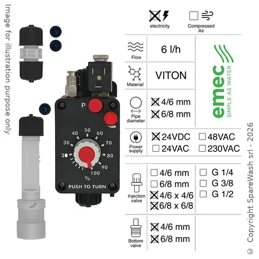 [40100364] BOMBA DOSIFICADORA NEUMÁTICA 6L/H 24VDC VITON + VÁLVULA DE INYECCIÓN 6/8X6/8 + VÁLVULA DE PIE