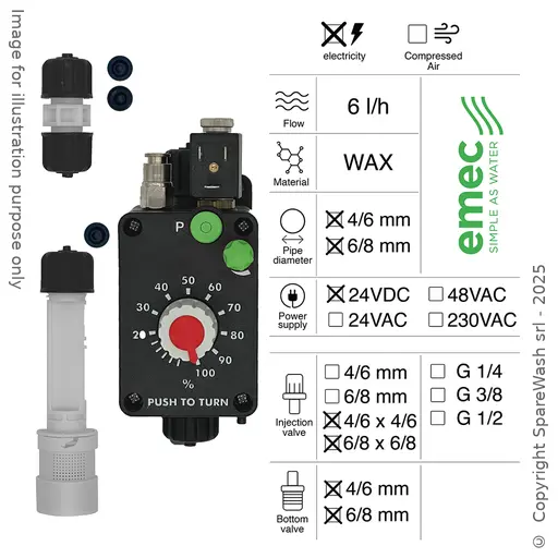 [40100425] BOMBA DOSIFICADORA NEUMÁTICA 6L/H 24VDC WAX + VÁLVULA DE INYECCIÓN 6/8X6/8 + VÁLVULA DE PIE