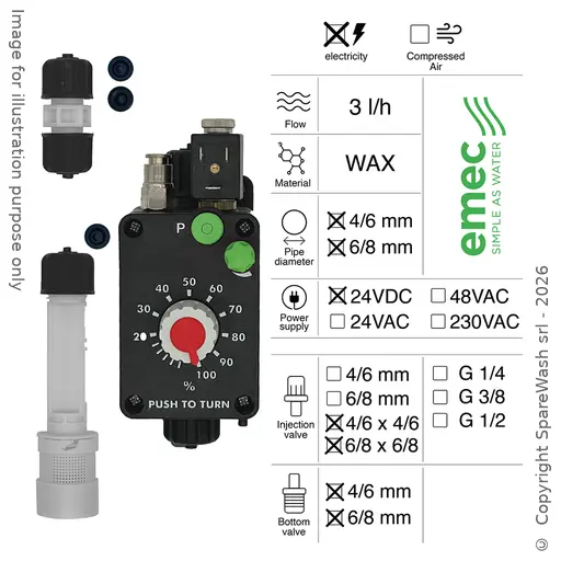 [40100432] POMPA DOSATRICE PNEUMATICA 3L/H 24VDC WAX + INIEZIONE 6/8X6/8 + FONDO