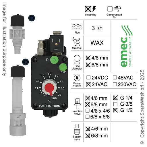 [40100593] BOMBA DOSIFICADORA NEUMÁTICA 3L/H 24VAC WAX + VÁLVULA DE INYECCIÓN G1/4 - G1/2 + VÁLVULA DE PIE