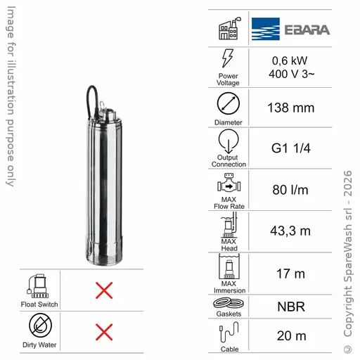 [60100771] SUBMERSIBLE CLEAR WATER PUMP EBARA IDROGO 40/08 0,6KW 400V
