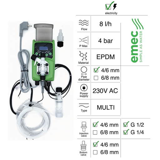 [40200101] BOMBA DOSIFICADORA ELÉCTRICA MULTIFUNCIONAL 8L/H 4BAR 230VAC EPDM