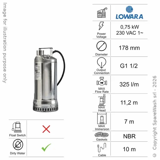 [60100153] SUBMERSIBLE WASTEWATER PUMP LOWARA DIWA 07 0,75KW 230V